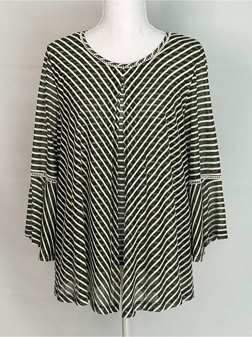 new directions Large Olive Green Striped Bell Sleeve Tunic Top